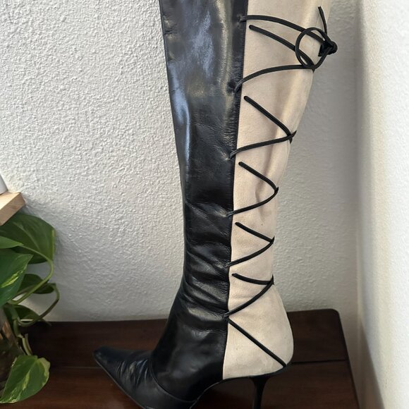 Vintage Black Leather White/Cream Suede w/Lace Detail Stiletto Boots - Picture 6 of 16